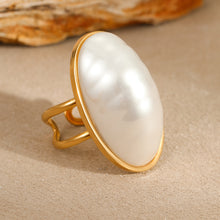 Load image into Gallery viewer, European and American Cross-Border Ins Niche Oval Egg-Shaped Pearl Ring Titanium Steel Ring Design Bow Open Ring