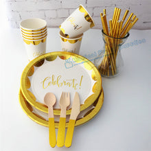 Load image into Gallery viewer, 16 People Gold Foil Party Kits 9inch Metallic Gold Paper Plates Scallop Gold Paper Cups Straws Luxury Gold Party Tableware