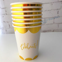 Load image into Gallery viewer, 16 People Gold Foil Party Kits 9inch Metallic Gold Paper Plates Scallop Gold Paper Cups Straws Luxury Gold Party Tableware