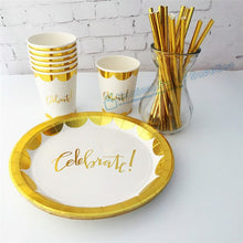 Load image into Gallery viewer, 16 People Gold Foil Party Kits 9inch Metallic Gold Paper Plates Scallop Gold Paper Cups Straws Luxury Gold Party Tableware