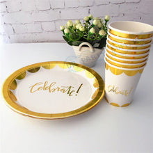 Load image into Gallery viewer, 16 People Gold Foil Party Kits 9inch Metallic Gold Paper Plates Scallop Gold Paper Cups Straws Luxury Gold Party Tableware