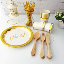 Load image into Gallery viewer, 16 People Gold Foil Party Kits 9inch Metallic Gold Paper Plates Scallop Gold Paper Cups Straws Luxury Gold Party Tableware