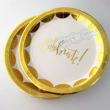 Load image into Gallery viewer, 16 People Gold Foil Party Kits 9inch Metallic Gold Paper Plates Scallop Gold Paper Cups Straws Luxury Gold Party Tableware