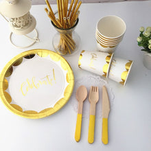 Load image into Gallery viewer, 16 People Gold Foil Party Kits 9inch Metallic Gold Paper Plates Scallop Gold Paper Cups Straws Luxury Gold Party Tableware