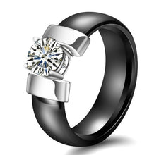 Load image into Gallery viewer, 6mm White Black Ceramic Rings Plus Cubic Zirconia For Women Gold Color Stainless Steel Women Wedding Ring Engagement Jewelry
