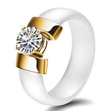 Load image into Gallery viewer, 6mm White Black Ceramic Rings Plus Cubic Zirconia For Women Gold Color Stainless Steel Women Wedding Ring Engagement Jewelry