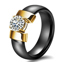 Load image into Gallery viewer, 6mm White Black Ceramic Rings Plus Cubic Zirconia For Women Gold Color Stainless Steel Women Wedding Ring Engagement Jewelry