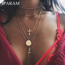 Load image into Gallery viewer, IPARAM Fashion Multiple Layers Cross Necklaces For Women Charm Gold Color Chokers Necklace Boho Collares Female Party Jewelry